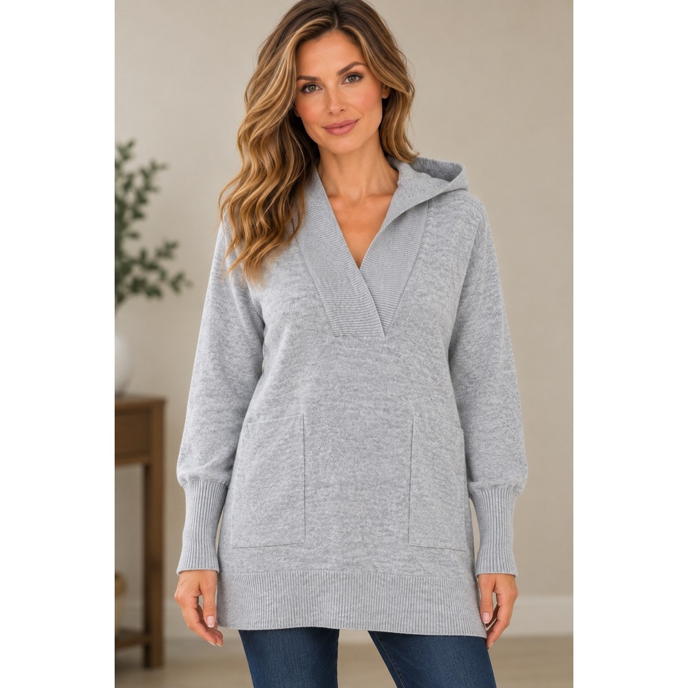 Joie 100% Cashmere Heather Gray V-Neck Hoodie Sweater Pockets 245-7302 S Small